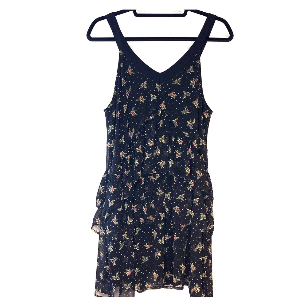Black Floral Tank Sleeve Dress with Ruffles